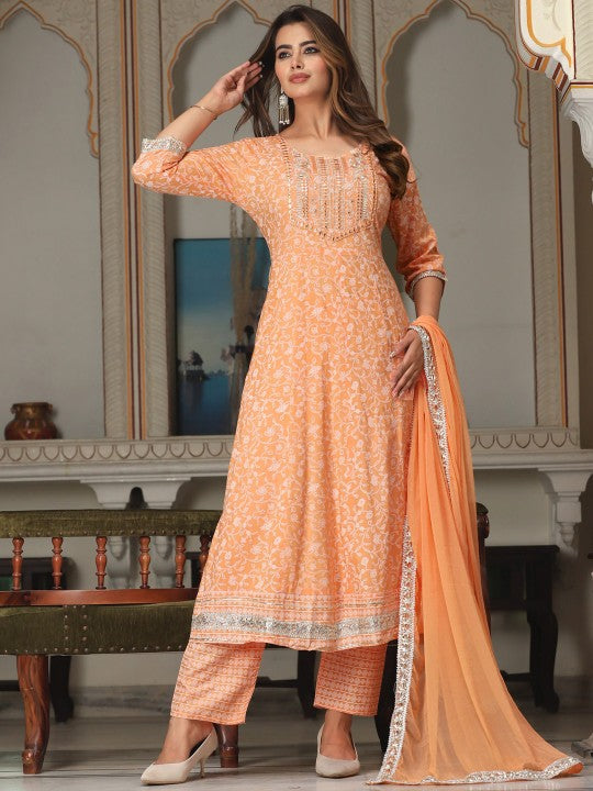 Ethnic Motifs Printed Mirror Work Anarkali Kurta with Trousers & Dupatta