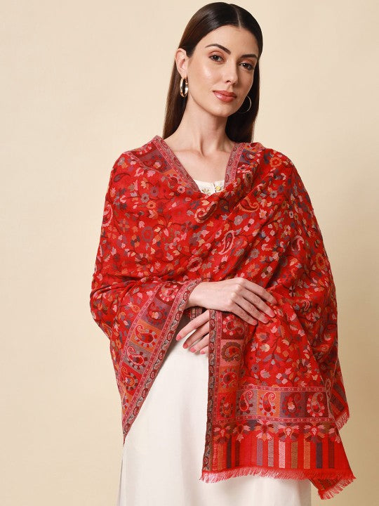 Women Beige & Orange Woven Design Woolen Shawl