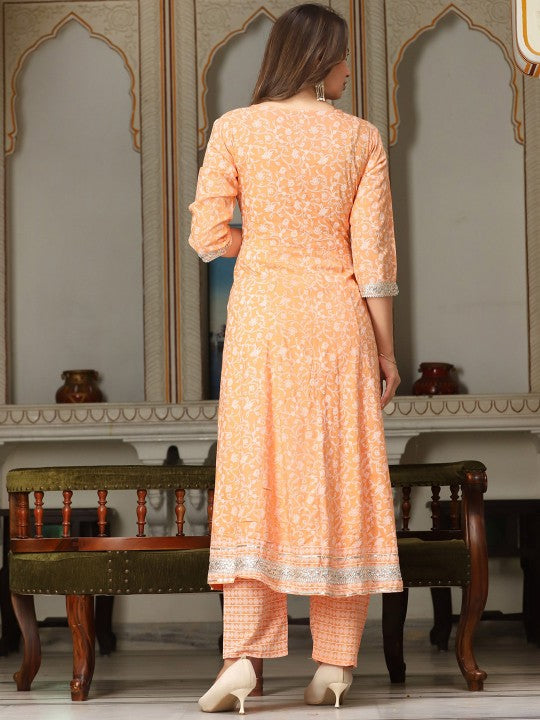 Ethnic Motifs Printed Mirror Work Anarkali Kurta with Trousers & Dupatta