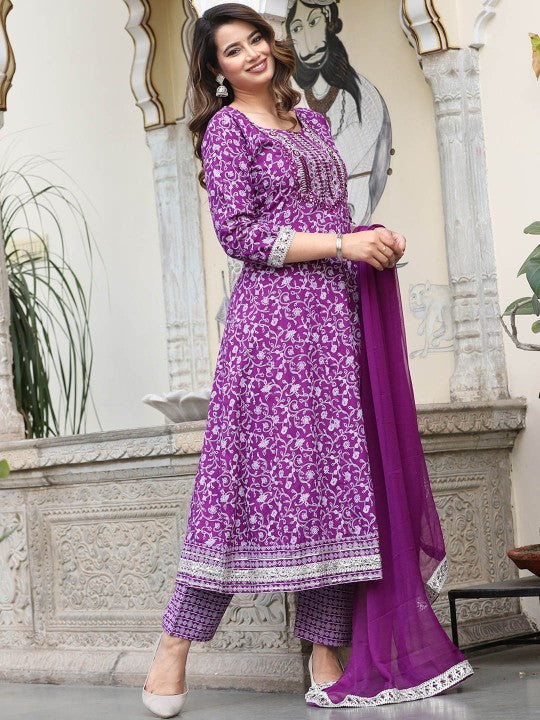 Ethnic Motifs Printed Mirror Work Anarkali Kurta with Trousers & Dupatta
