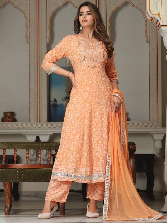 Ethnic Motifs Printed Mirror Work Anarkali Kurta with Trousers & Dupatta