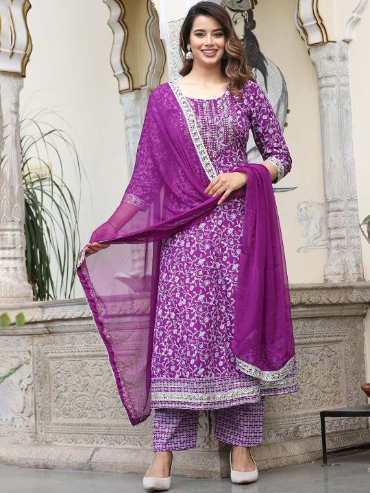Ethnic Motifs Printed Mirror Work Anarkali Kurta with Trousers & Dupatta