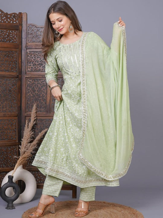Ethnic Motifs Printed Mirror Work Anarkali Kurta with Trousers & Dupatta