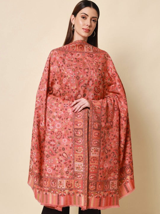 Women Beige & Orange Woven Design Woolen Shawl