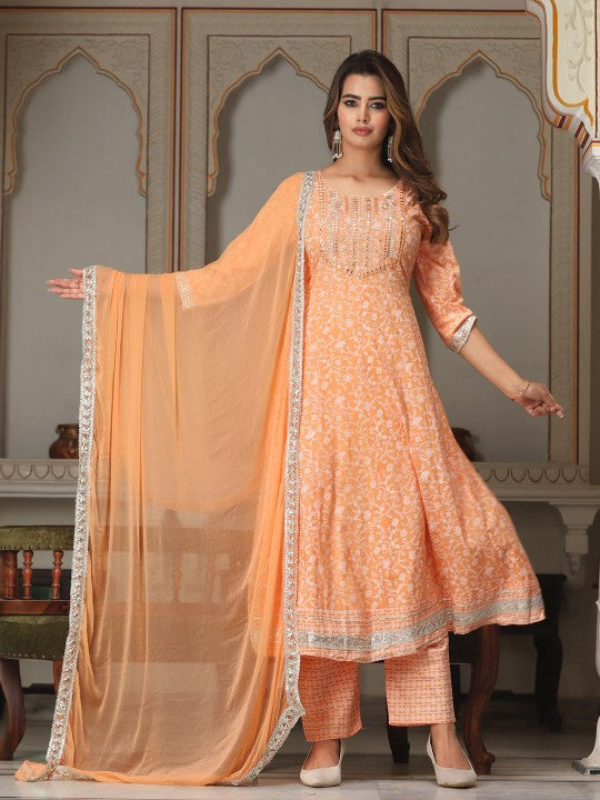 Ethnic Motifs Printed Mirror Work Anarkali Kurta with Trousers & Dupatta