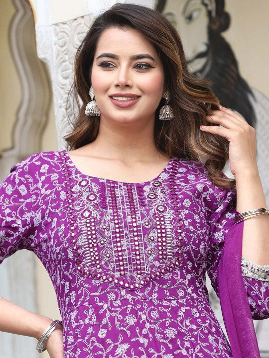 Ethnic Motifs Printed Mirror Work Anarkali Kurta with Trousers & Dupatta