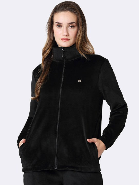 Athleisure Women Full Sleeve High Neck Velour Jacket