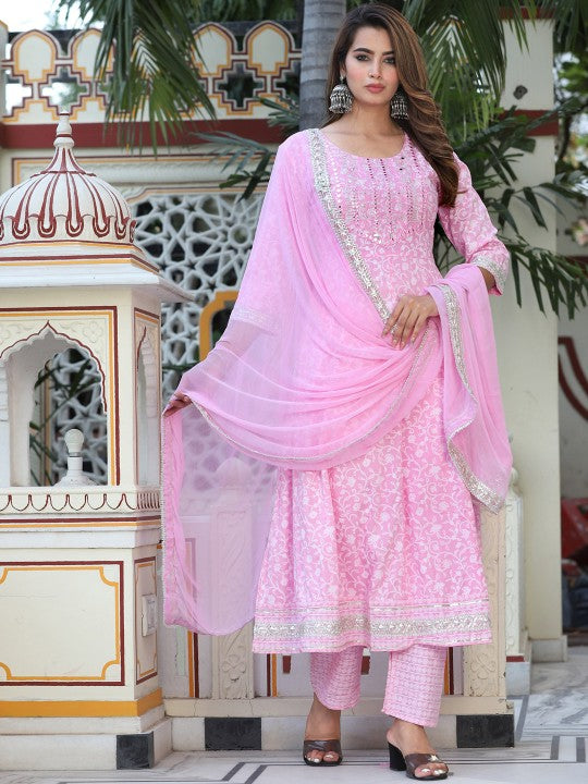 Ethnic Motifs Printed Mirror Work Anarkali Kurta with Trousers & Dupatta