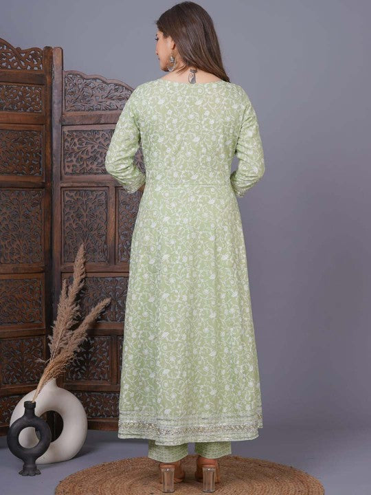 Ethnic Motifs Printed Mirror Work Anarkali Kurta with Trousers & Dupatta