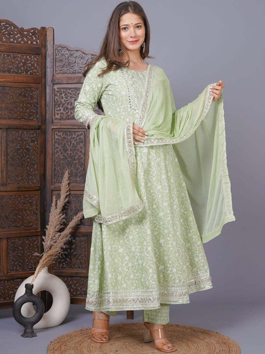Ethnic Motifs Printed Mirror Work Anarkali Kurta with Trousers & Dupatta