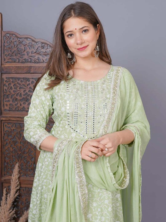 Ethnic Motifs Printed Mirror Work Anarkali Kurta with Trousers & Dupatta