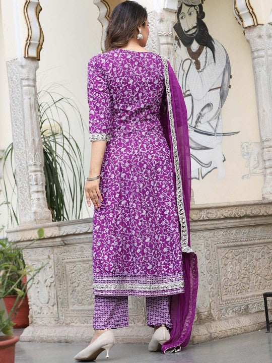 Ethnic Motifs Printed Mirror Work Anarkali Kurta with Trousers & Dupatta