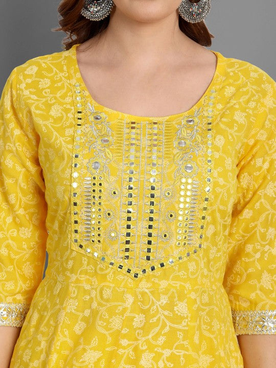 Ethnic Motifs Printed Mirror Work Anarkali Kurta with Trousers & Dupatta