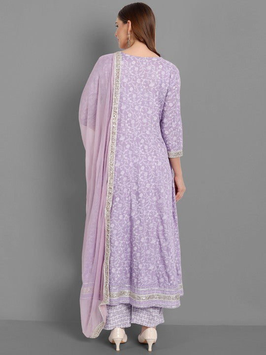 Ethnic Motifs Printed Mirror Work Anarkali Kurta with Trousers & Dupatta