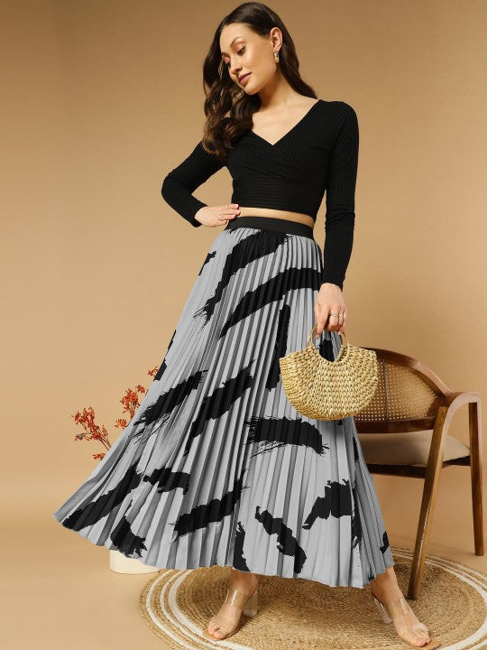 Printed Pleated A-Line Maxi Skirts
