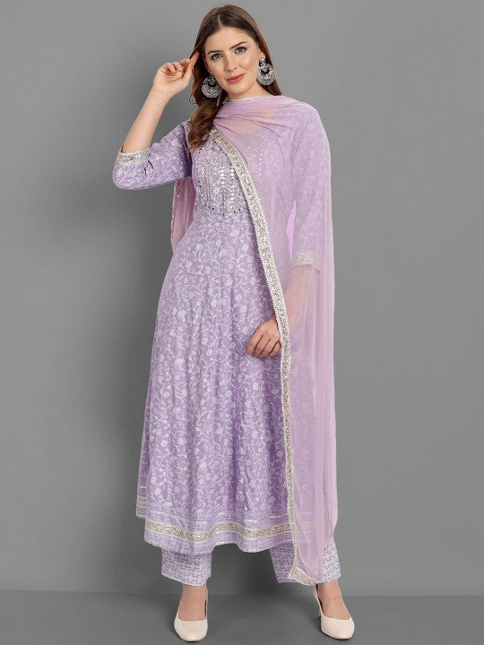 Ethnic Motifs Printed Mirror Work Anarkali Kurta with Trousers & Dupatta