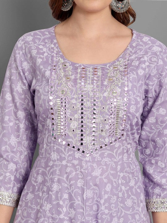 Ethnic Motifs Printed Mirror Work Anarkali Kurta with Trousers & Dupatta