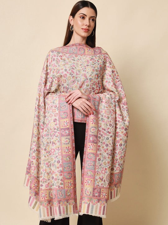 Women Beige & Orange Woven Design Woolen Shawl