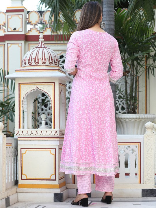 Ethnic Motifs Printed Mirror Work Anarkali Kurta with Trousers & Dupatta