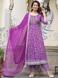 Thumbnail for Ethnic Motifs Printed Mirror Work Anarkali Kurta with Trousers & Dupatta