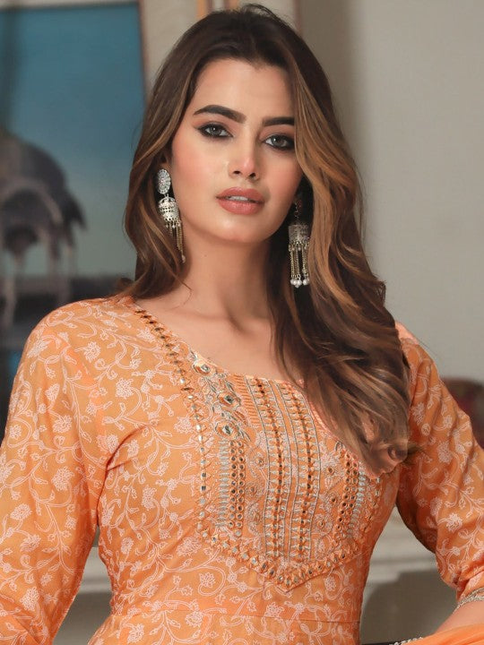 Ethnic Motifs Printed Mirror Work Anarkali Kurta with Trousers & Dupatta
