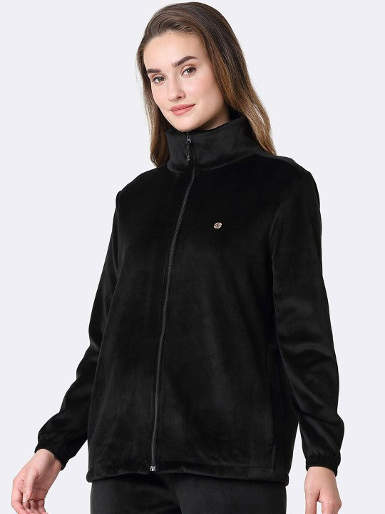 Athleisure Women Full Sleeve High Neck Velour Jacket