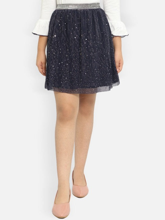 girls-navy-blue-&-silver-self-design-flared-skirts