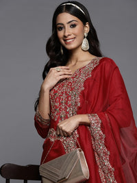 Thumbnail for women-red-ethnic-motifs-embroidered-sequinned-liva-kurta-with-trousers-&-dupatta