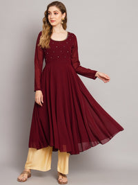 Thumbnail for Women Burgundy Ethnic Motifs Georgette Anarkali Kurta