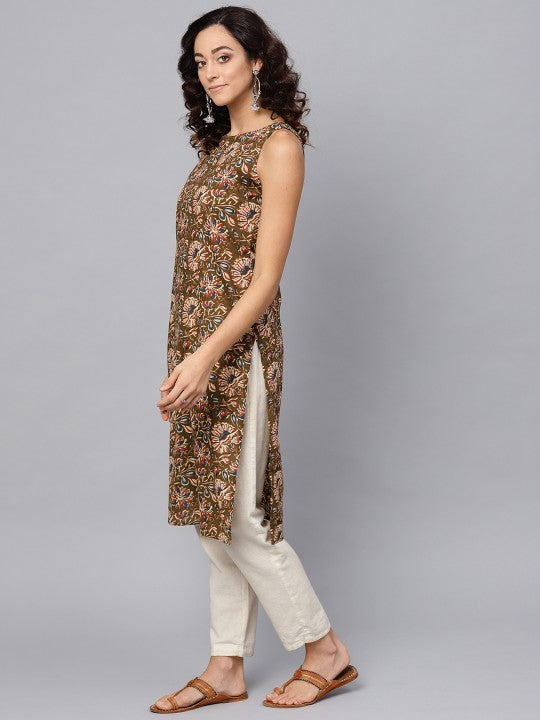 Women Ethnic Motifs Printed Kantha Work Dobby Kurta