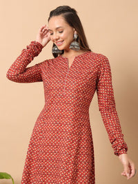 Thumbnail for floral-printed-notch-collar-thread-work-cotton-a-line-kurta