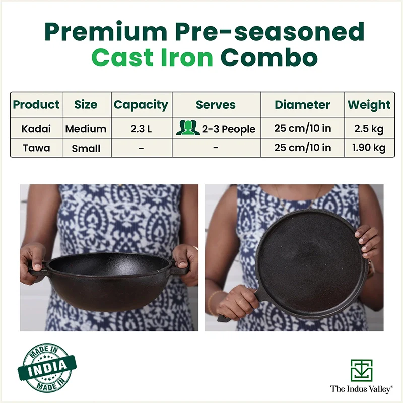 The Indus Valley CASTrong Cast Iron Cookware Set: Tawa + Kadai, Kitchen Set for Home, Pre