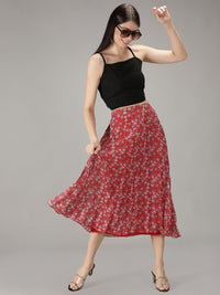 Thumbnail for women-red-&-white-floral-printed-a-line-knee-length-skirts
