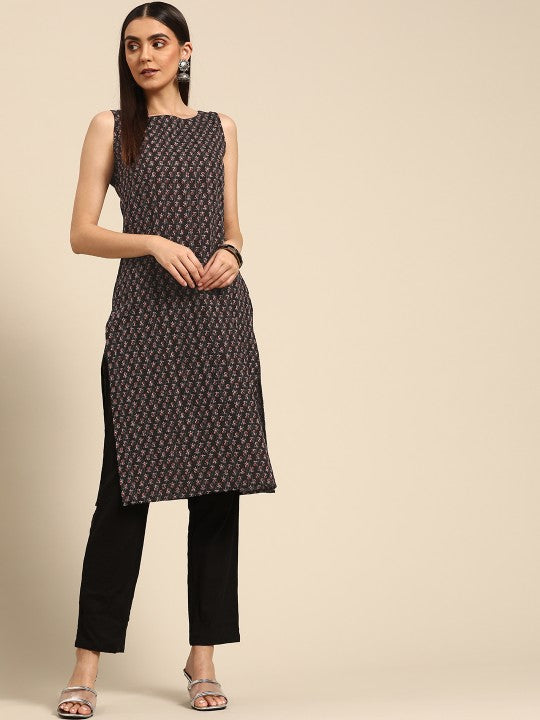 Women Ethnic Motifs Printed Kantha Work Dobby Kurta
