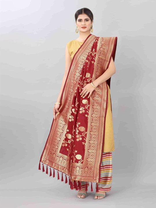 Pink & Gold-Toned Woven Design Art Silk Dupatta with Zari