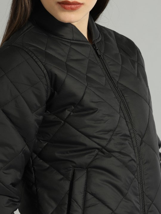 Women Teal Blue Solid Quilted Jacket