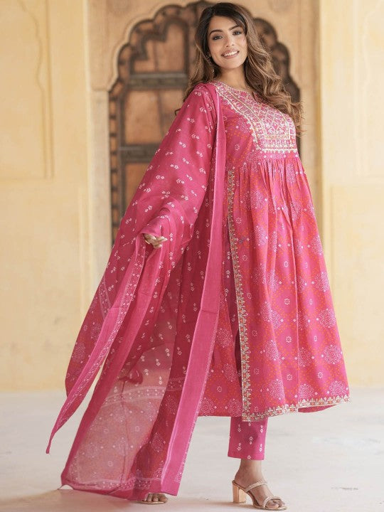Notch Neck Bandhani Embroidered Regular Thread Work Pure Cotton Kurta Set