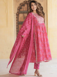 Thumbnail for Notch Neck Bandhani Embroidered Regular Thread Work Pure Cotton Kurta Set