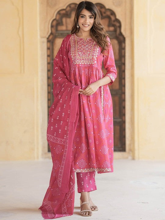 Notch Neck Bandhani Embroidered Regular Thread Work Pure Cotton Kurta Set