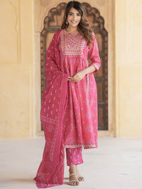 Thumbnail for Notch Neck Bandhani Embroidered Regular Thread Work Pure Cotton Kurta Set