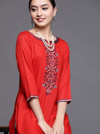 Thumbnail for women-red-solid-kurta-with-thread-work