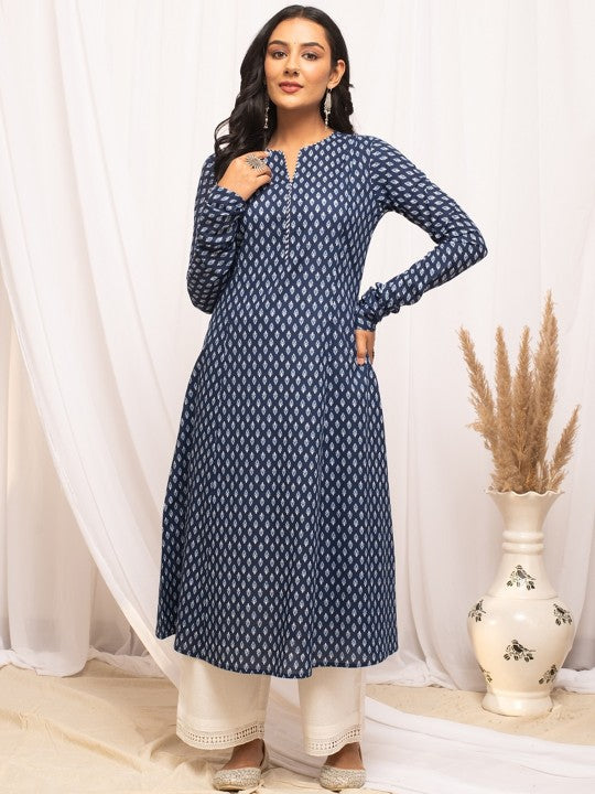 Floral Printed Notch Collar Thread Work Cotton A-Line Kurta