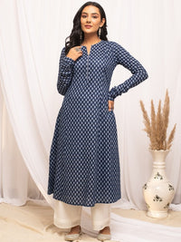 Thumbnail for Floral Printed Notch Collar Thread Work Cotton A-Line Kurta