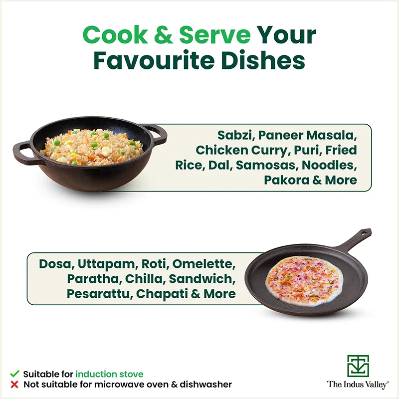 The Indus Valley CASTrong Cast Iron Cookware Set: Tawa + Kadai, Kitchen Set for Home, Pre