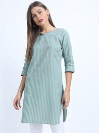 Thumbnail for women-blue-striped-embroidered-straight-tunic