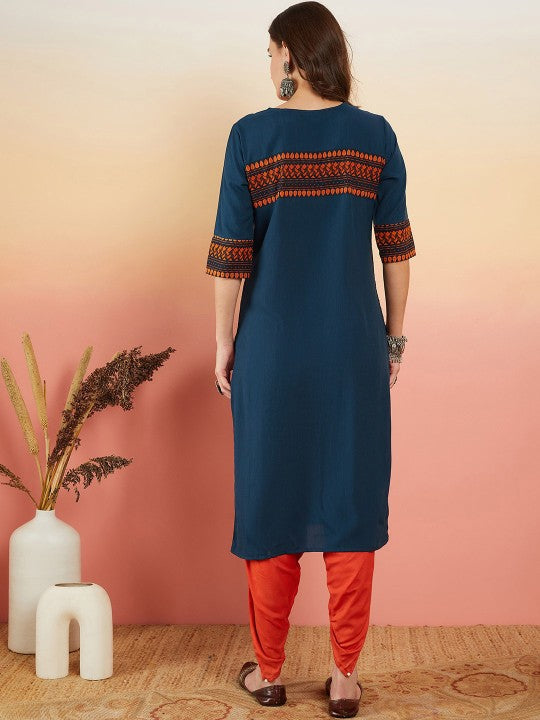 Floral Yoke Printed Mirror Work Kurta