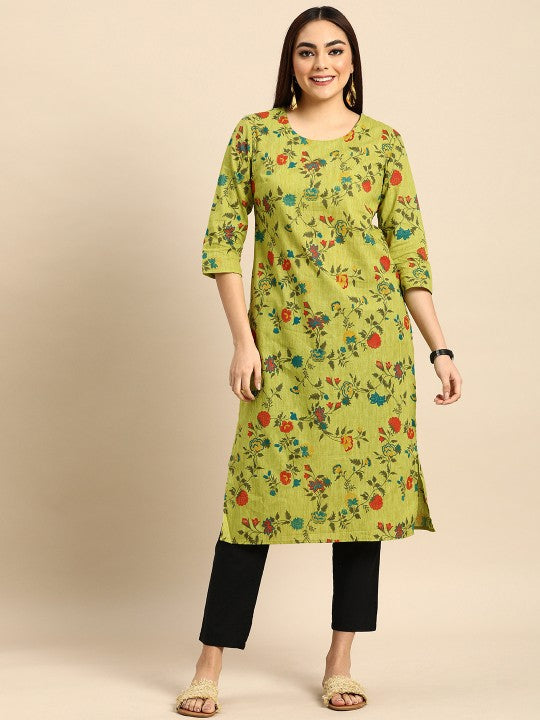 women-green-&-red-floral-printed-pure-cotton-kurta