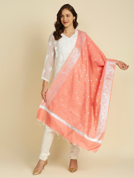 Women Navy Blue & Silver-Toned Woven Design Dupatta