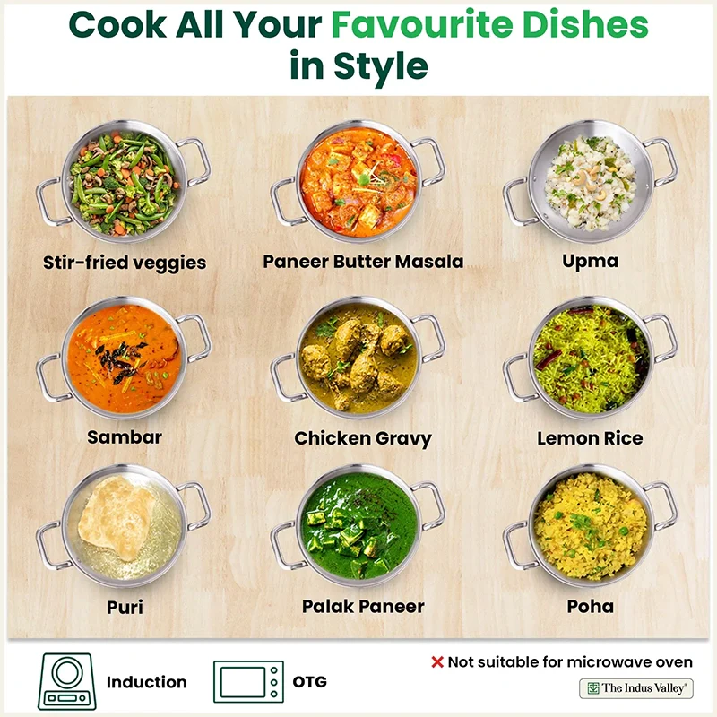 The Indus Valley TurboCuk Tri-ply Stainless Steel Kadai+ Glass Lid