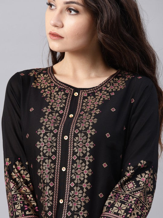 women-black-&-golden-printed-straight-kurta